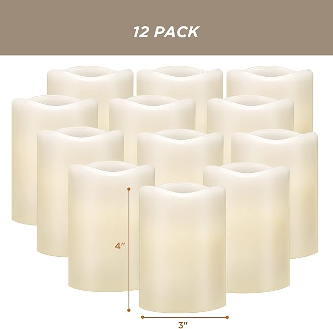 Hausware Flameless Candles Battery Operated Candles Set of 12 (D: 3" x H: 4") Real Wax Pillar Flickering Candles LED Flameless Candles with Remote and Timer Control (Ivory Color)