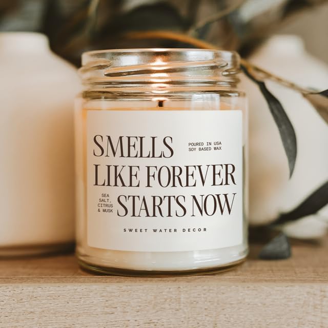 Sweet Water Decor Smells Like Forever Starts Now Candle, Wedding Candle, 9oz Jar with Gold Lid, Sea Salt Citrus Musk Amber Scent, Non-Toxic Soy Wax, Engagement Gift for Bride, Bridal Shower, Newlyweds