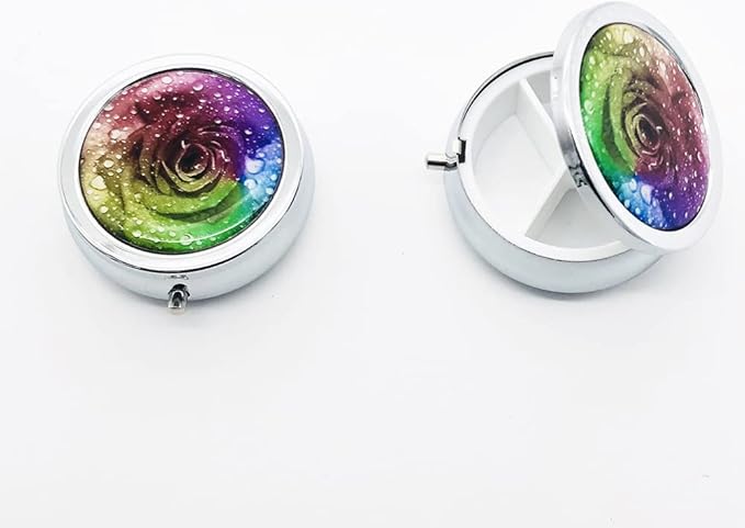 Colorful Rose with Water Drop Pill Box Purse Pocket Small Round Silver Pill Case Decorative Box Metal Medicine Vitamin Pill Organizer Portable Unique Gift