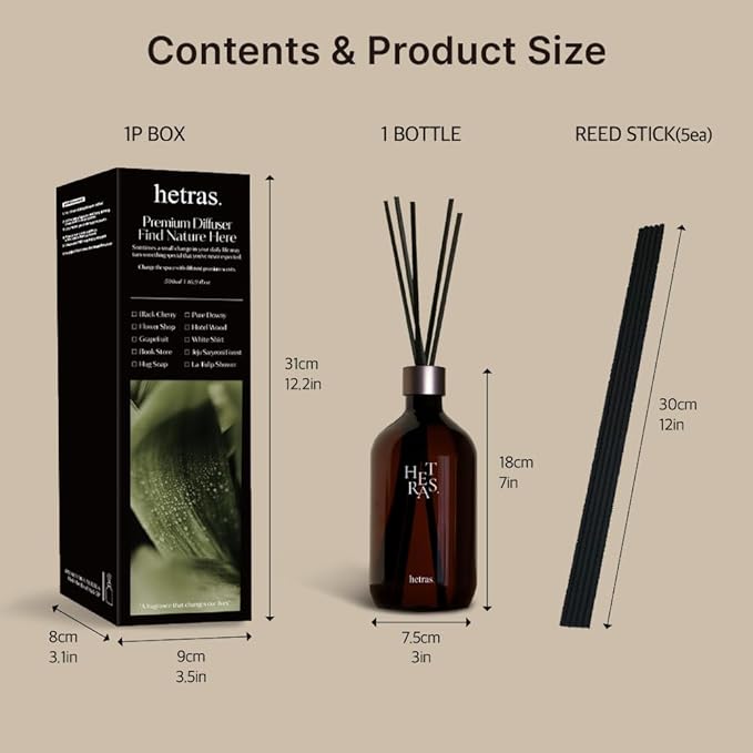 hetras Premium Reed Diffuser Set 16.9 fl.oz. 1 Pack | Hug Soap - Cozy & Clean Scent | Long-Lasting Luxury Fragrance with 10 Reed Sticks for Home & Office | Gifts for Loved One
