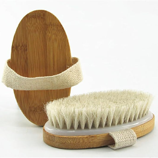 5x2.8 Inch Oval Shape Bamboo Bath & Shower Brush, Horsehair Mane Natural Bristles Dry Body Brush Scrubber for Exfoliating, Detox and Cellulite, etc. (White Horsehair)