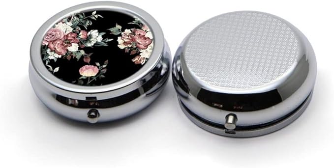 Beautiful Retro Flowers Pill Box Purse Pocket Small Round Silver Pill Case Decorative Box Metal Medicine Vitamin Pill Organizer Portable Unique Gift