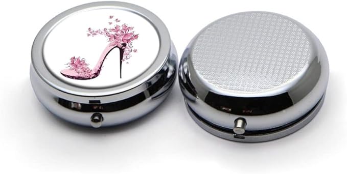 Crystal High Heels Pill Box Purse Pocket Small Round Silver Pill Case Decorative Box Metal Medicine Vitamin Pill Organizer Portable Unique Gift