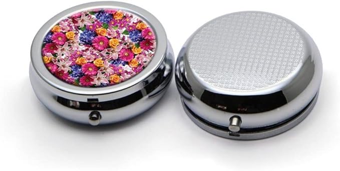 All Flowers Bloom Together Pill Box Purse Pocket Small Round Silver Pill Case Decorative Box Metal Medicine Vitamin Pill Organizer Portable Unique Gift