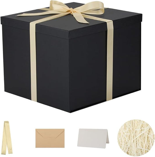 Gift Box with Lid 7x7x6.5 Inches, Black Gift Boxes for presents Packaging for Birthdays, Valentine's Day, Christmas, Anniversaries (Include Shredded Paper Fill, Envelope Card Ribbon)