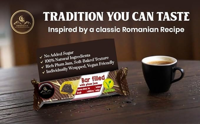 Ambrozia Vegan Snack Bars – Healthy Snack Plum-Filled Bar | Clean-Label, No Added Sugar, Handcrafted in EU | Healthy Romanian-Inspired Fruit Bar for Kids & Adults | 10 x 60g Individually Wrapped