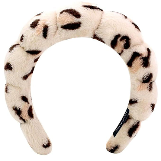 Spa Headbands for Washing Face or Makeup, Sponge Bubble Skincare Headbands, Puffy Terry Cloth Hairband for Women, Skin Care Makeup Headwear Hair Accessories for Girls (Leopard Khaki)