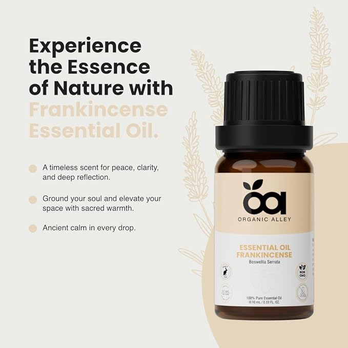 Frankincense Essential Oil by Organic Alley (Boswellia Serrata) | 100% Pure & Undiluted | Natural Aromatherapy for Diffusers & DIY Blends | Earthy-Woody Resin Aroma | (0.33 fl oz)