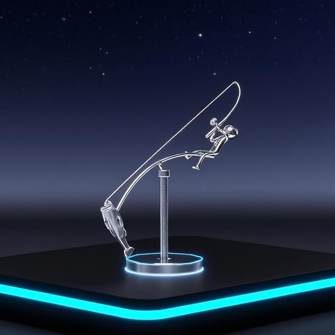 Kinetic Fishing Sculpture - Balance Art for Your Space, Kinetic Fishing Sculpture, Fisherman Home Decoration, Stainless Steel Balance Physics Toy (1PC*Silver)