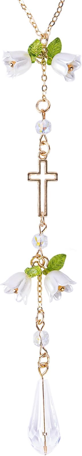 Cross Crystal Car Rearview Mirror Charm - Lily of The Valley Flower Beaded Pendant, Elegant Hanging Cars Interior Decor Ornament & Accessories, for Women Mom