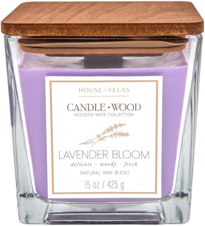 Candle Wood Collection, 15 oz, 1 Wooden Wick, Lavender Bloom, Square Glass Jar Candle