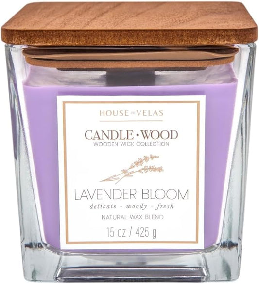 Candle Wood Collection, 15 oz, 1 Wooden Wick, Lavender Bloom, Square Glass Jar Candle