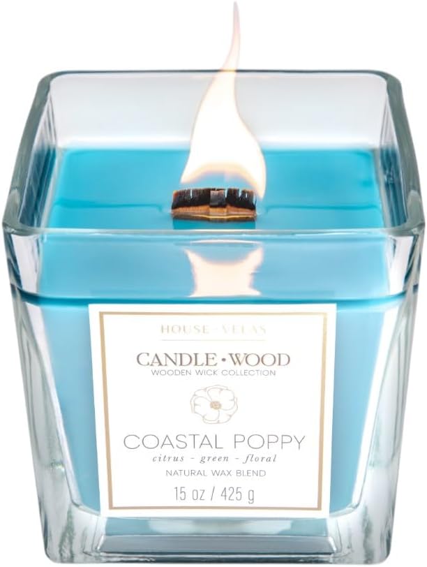 Candle Wood Collection, 15 oz, 1 Wooden Wick, Coastal Poppy, Square Glass Jar Candle