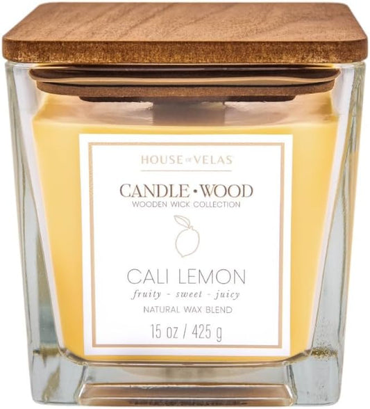 Candle Wood Collection, 15 oz, 1 Wooden Wick, Cali Lemon, Square Glass Jar Candle
