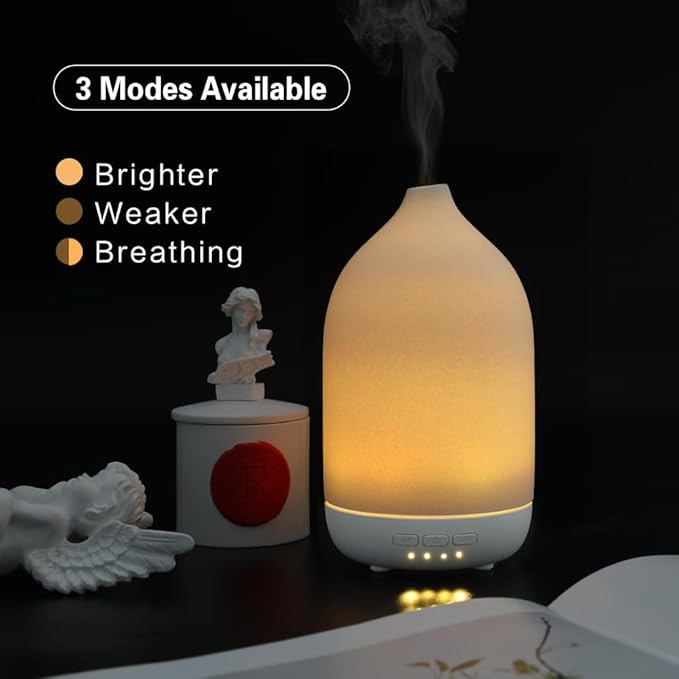 Essential Oil Diffusers, Aromatherapy Diffuser for Essential Oils, 100ml Ceramic Oil Diffusers for Large Room - 5 Timers, Warm Ambient Light, Auto-Off