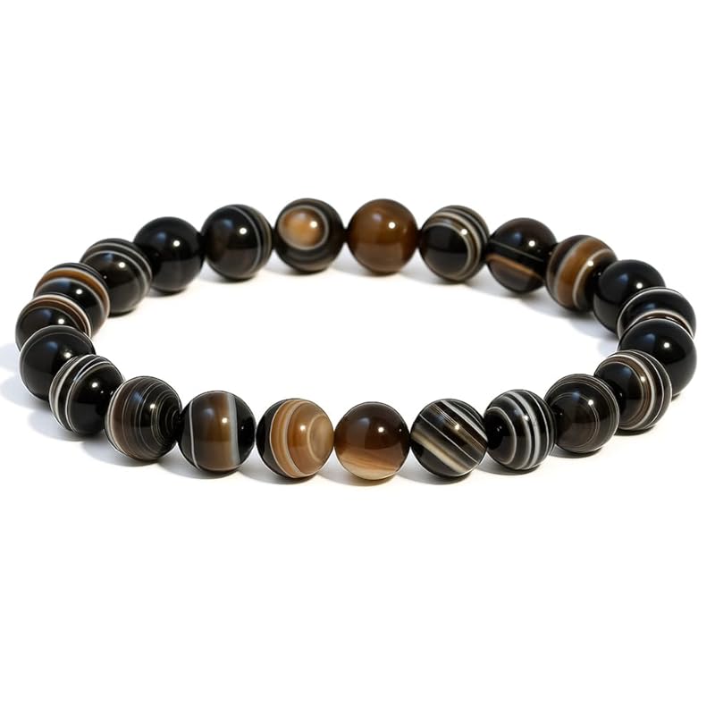 Black Sulemani Hakik Bracelet, Natural Healing Crystal Bracelet for Women and Men, 8mm Round Beaded Bracelet for Spiritual, Protection, Positive Energy, Elastic Adjustable Size Gemstone Bead Bracelet