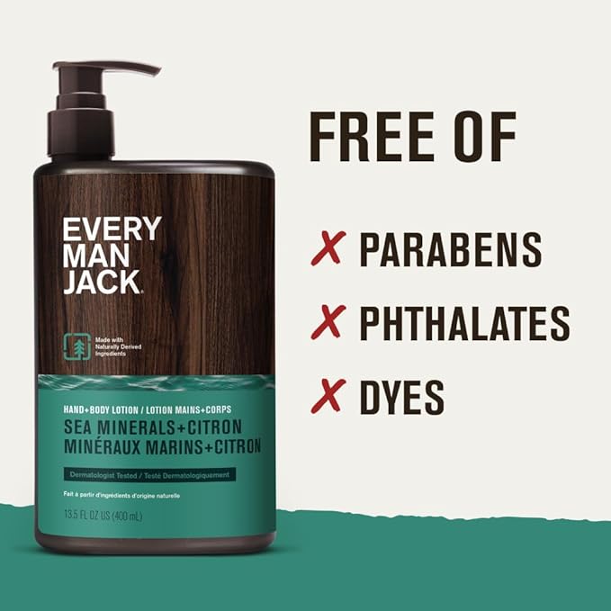 Every Man Jack Mens Sea Minerals + Citron Hand & Body Lotion for All Skin Types - Dermatologist Tested & Hypoallergenic - Nourish Skin with Lightweight Fast Absorbing Lotion - 13.5oz 2 Bottles