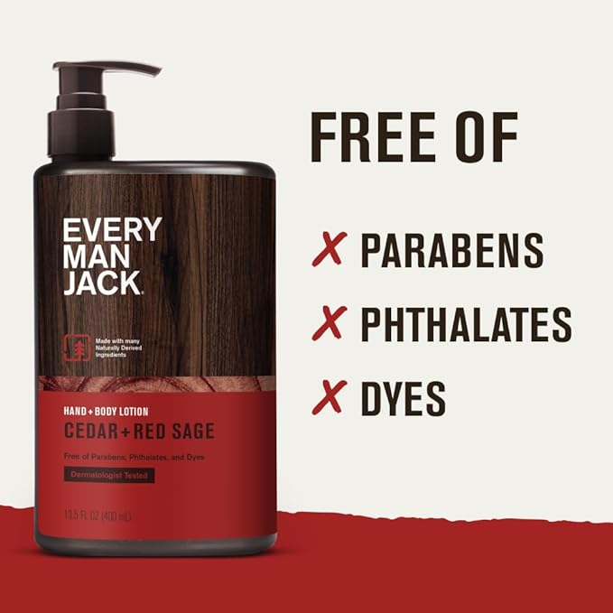 Every Man Jack Mens Cedar+ Red Sage Hand & Body Lotion for All Skin Types - Dermatologist Tested & Hypoallergenic - Nourish Skin with Lightweight Fast Absorbing Lotion - 13.5oz (2 Pack)