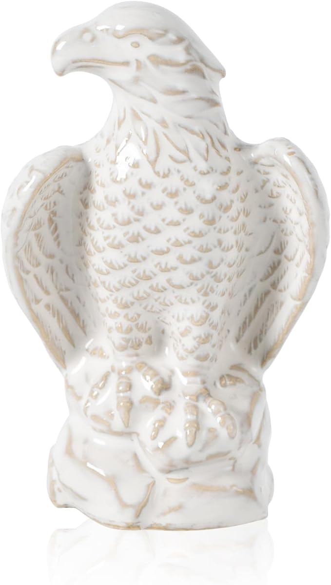 Ceramic Eagle Statue - Modern Hawk Sculpture for Home, Mini Eagle Decor, Figurine Hawk Trophy for Living Room, Bathroom, Bookshelf, Desktop, Car (White)