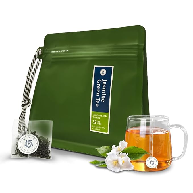 RIANTEA Jasmine Green Tea Bags - 32 Individually Wrapped Teabags (2.25oz/62g) - Low Caffeine, Smooth Flavor - Hot or Iced Tea - Original Leafy Tea
