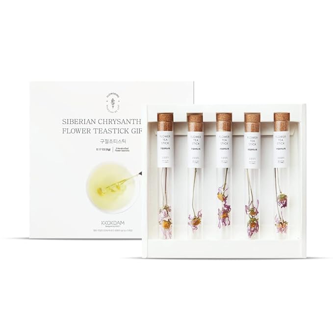 KKOKDAM Tea Gift Set - Siberian Chrysanthemum Blooming Stick Flowers - Fancy Korean Gifts For Tea Lovers - 5 Premium Flower Sticks