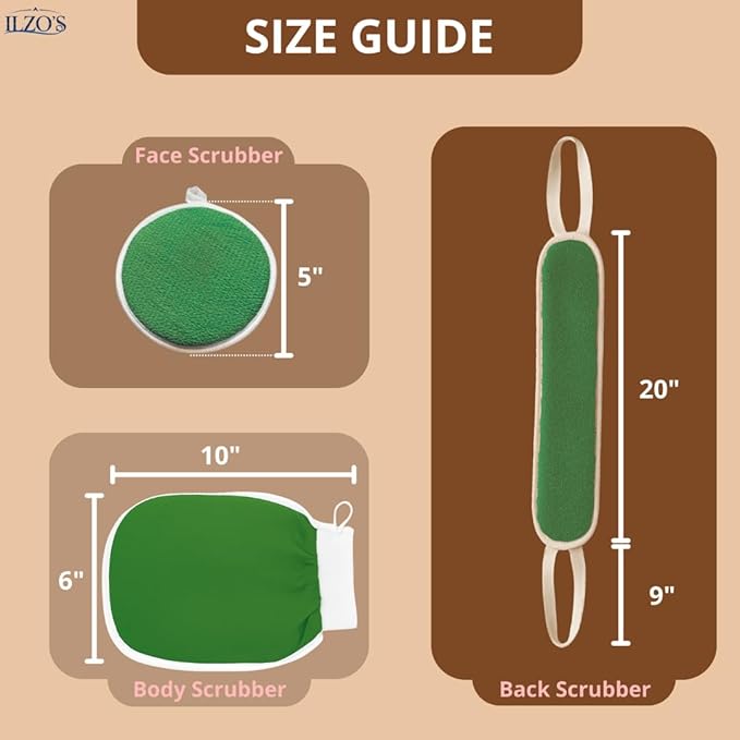 Original Moroccan Kessa Exfoliating Glove Set (ILZO’S) – 3-Piece Hammam Mitts for Face, Body & Back – Deep Skin Cleansing & Dead Skin Removal – Reusable Natural Exfoliator – Assorted Colors (GREEN)