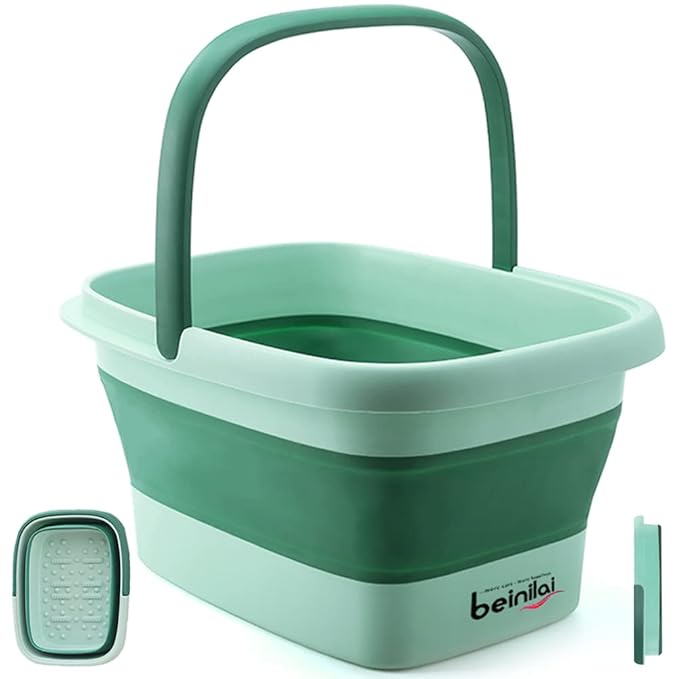 Collapsible Foot Bath Basin for Soaking Feet,Pedicure Foot Spa, Foot Tub with Handles and Massage Acupoint,Multifunction Collapsible feeting Soak Tub-Green