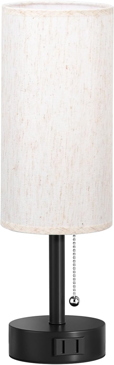 Fenmzee Bedside Table Lamp for Nightstand - 3 Color Temperatures Pull Chain Lamp with AC Outlet Charging Port, Round Night Stand Light for Bedroom Living Room, Small Bed Side Light with E26 LED Bulb