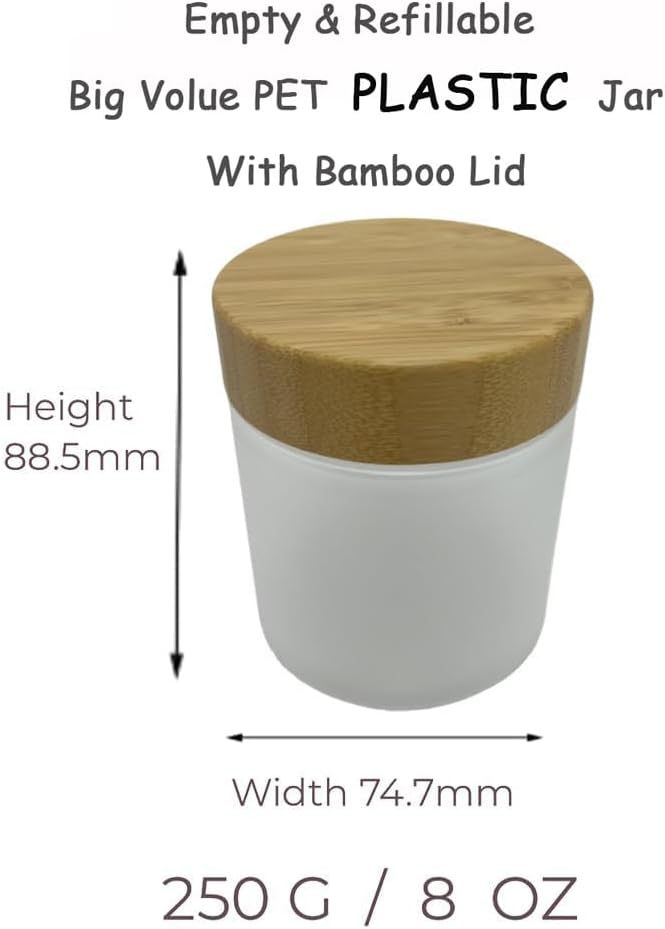 Empty Bamboo Lid Jar 8oz/250g,Refilable Plastic Round Cosmetic Containers for Powder,Body Butter,Cream,Lotion,Wide Mouth Makeup Sample Storage Pot Dispenser(Frost)