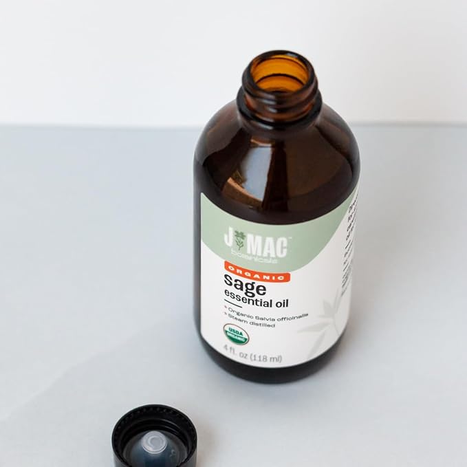 J Mac Botanicals, Organic Sage Oil (4 oz Glass Bottle, no Dropper), Organic Salvia Officinalis Essential Oil, Skincare, Massage, diffusers, Bath Bombs and Shower Steamers