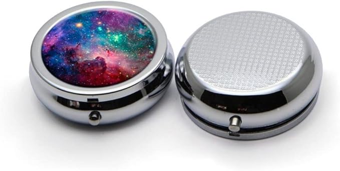 Generoc Galaxy Space Universe Pill Box Purse Pocket Small Round Silver Pill Case Decorative Box Metal Medicine Vitamin Pill Organizer Portable Unique Gift