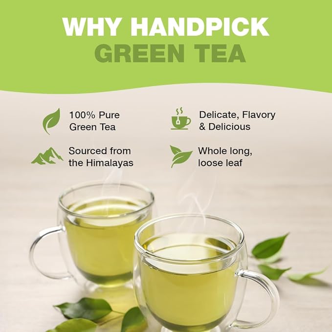 HANDPICK, Organic Green Tea Bags - 100 Eco-Friendly Tea Bags | USDA Organic | Resealable Pack for Freshness | Delicate & Flavory | Direct From India