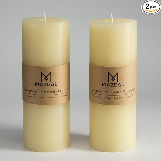 MOZEAL 3" x 8" Hand-Poured Unscented Large Candle,Smokeless Rustic Pillar Candle Set of 2,Slow Burn,No Drip,Approx 150 Hours Burning,Wedding,Dinner,Christmas and Home Decorative,Tall Ivory Candle