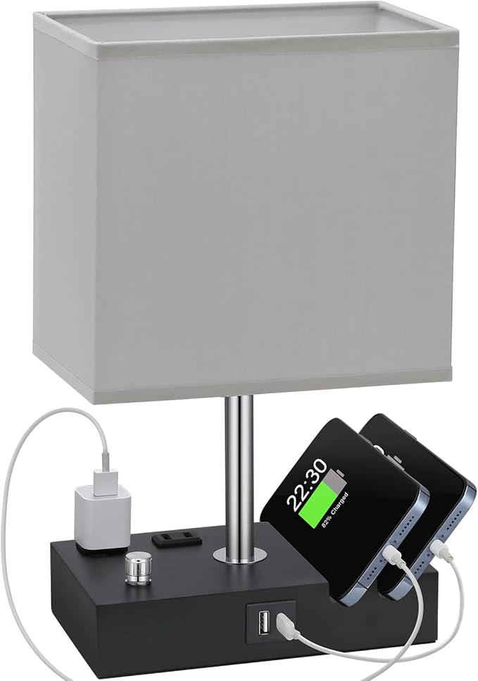 Kakanuo Table Lamp for Bedroom with Dual USB Ports, Grey Fully Dimmable Bedside Lamp with Phone Stands and 2 Charging Outlets, Desk Lamp for Nightstand and Living Room, LED Bulb Included
