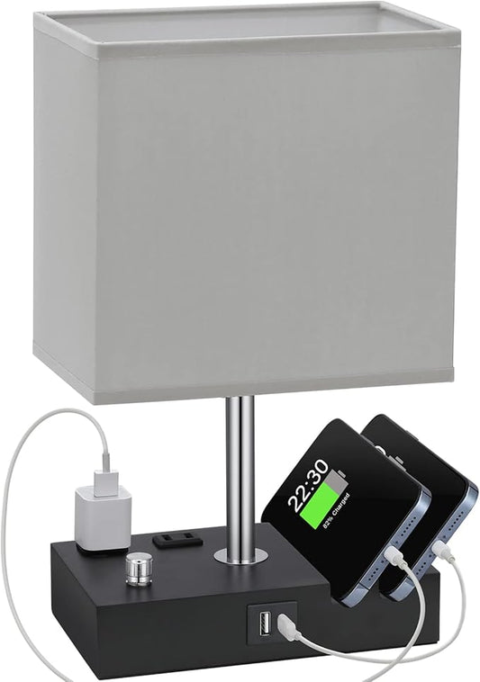 Kakanuo Table Lamp for Bedroom with Dual USB Ports, Grey Fully Dimmable Bedside Lamp with Phone Stands and 2 Charging Outlets, Desk Lamp for Nightstand and Living Room, LED Bulb Included