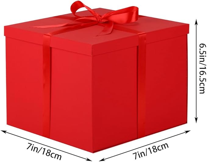 Gift Box with Lid 7x7x6.5 Inches, Red Gift Boxes for presents Packaging for Birthdays, Valentine's Day, Christmas, Anniversaries (Include Shredded Paper Fill, Envelope Card Ribbon)