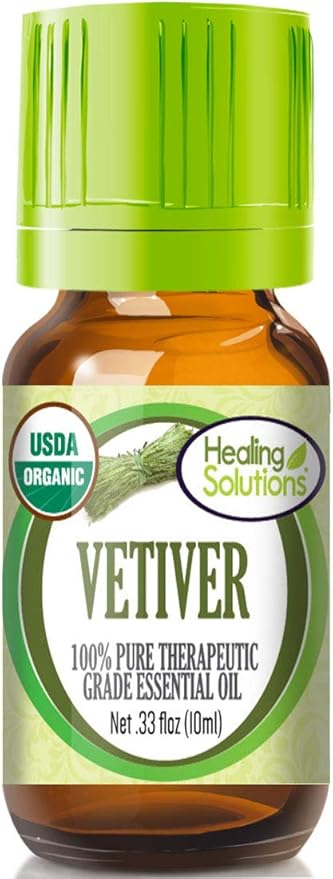 Healing Solutions Vetiver Essential Oil (0.33 oz, 10ml) – Organic, Pure, Undiluted – Therapeutic Grade - for Hair, Diffuser, Aromatherapy & Skin