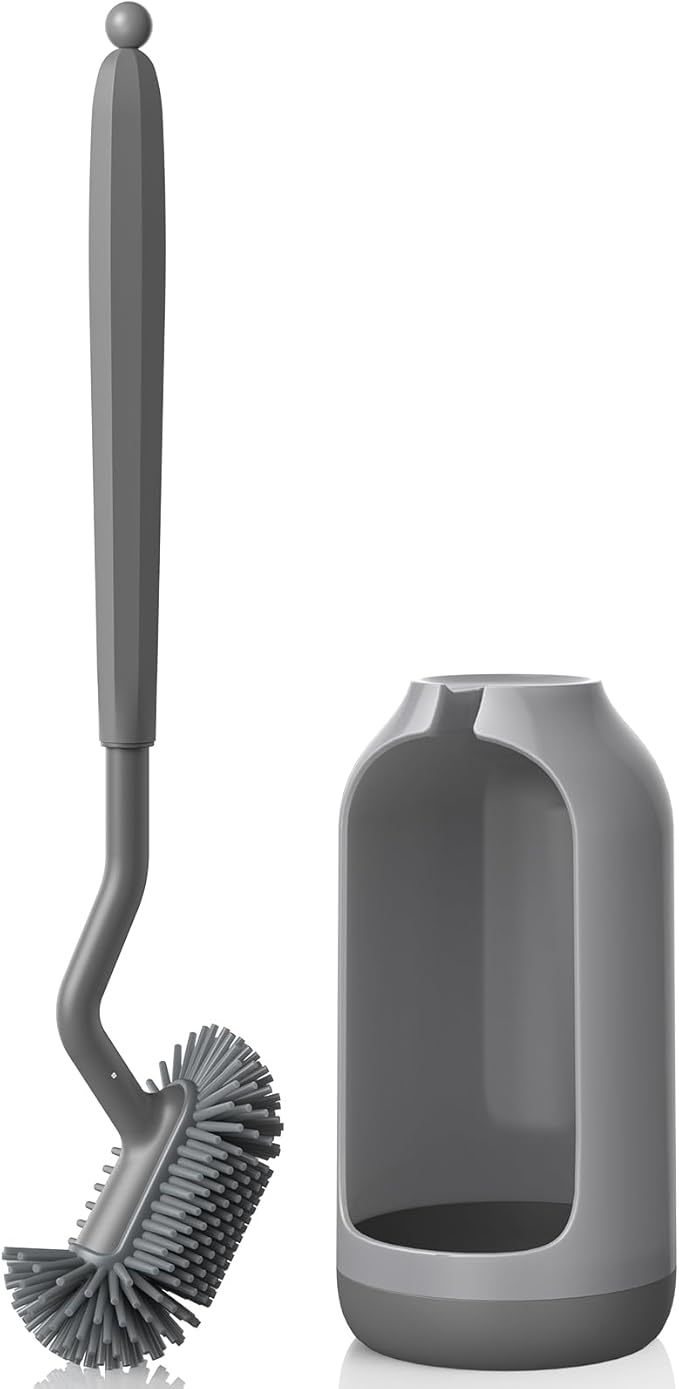 HAMITOR Toilet Bowl Brush Holder Set: Deep Cleaning Silicone Toilet Cleaner Scrubber Under Rim with Curved Bristle for Bathroom Dead Corner Clean - Modern Rv Toilet Decorative Accessories - Gray