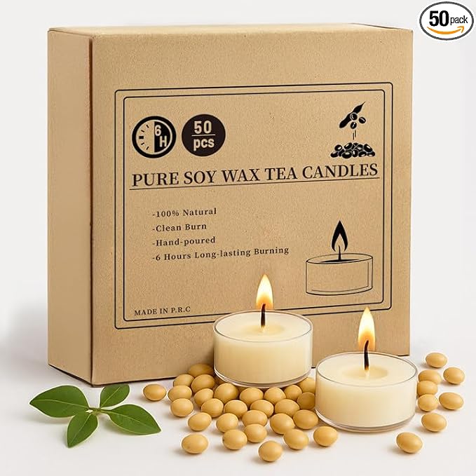 Crenovo Tea Lights Candles 50 Pack, Natural Soy Wax Tealights Candles Bulk 6 Hours Non-Toxic, Long Burning, Unscented Small Votive Cup Candles for Wedding, Party, Dinner, Emergency