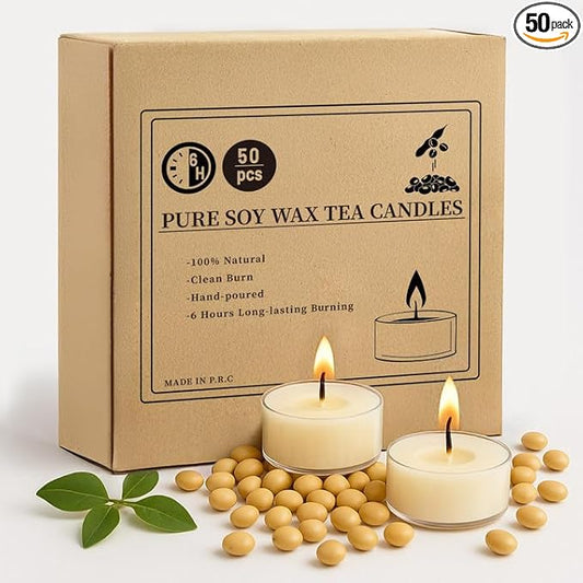 Crenovo Tea Lights Candles 50 Pack, Natural Soy Wax Tealights Candles Bulk 6 Hours Non-Toxic, Long Burning, Unscented Small Votive Cup Candles for Wedding, Party, Dinner, Emergency