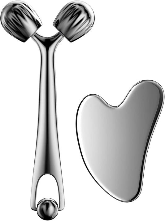 DANGSHAN Stainless Steel Face Roller and Gua Sha Massage Tool Set, Facial Massage Gua Sha Facial Tools Skincare for Face, Eye, Neck, Body Skin Care Tools Gift for Women