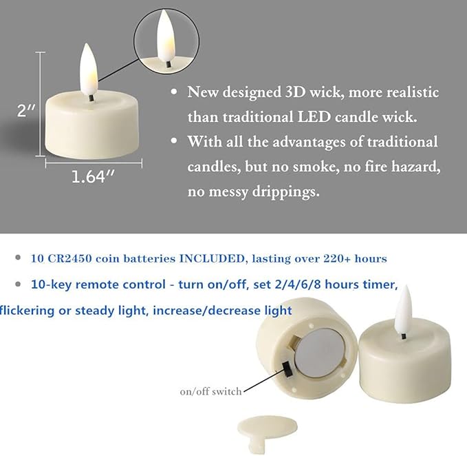 Eywamage Ivory Flameless Wax Tealights with Remote Batteries, Realistic Flickering LED Tea Votive Candles Set of 10
