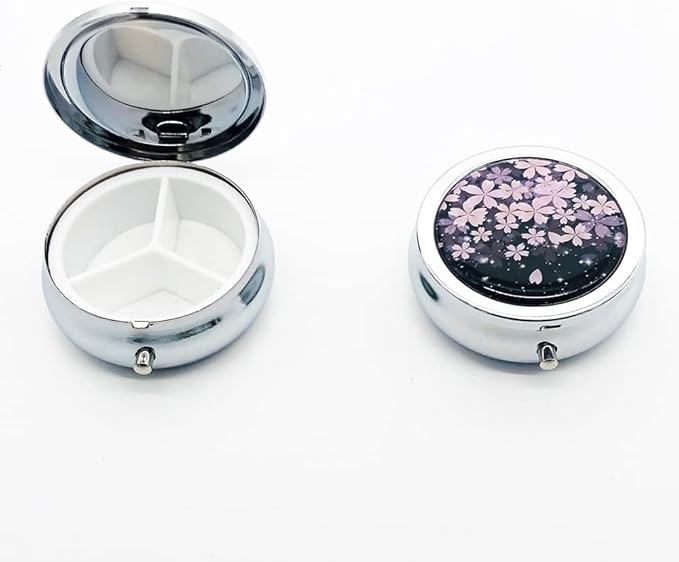 Cherry Flowers Pill Box Purse Pocket Small Round Silver Pill Case Decorative Box Metal Medicine Vitamin Pill Organizer Portable Unique Gift