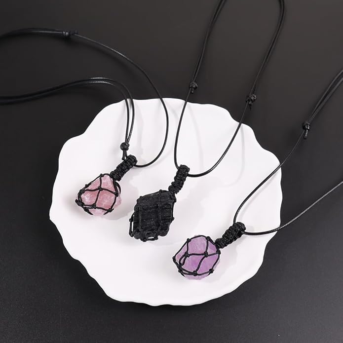 Handmade Natural Gemstone Crystal Pendant Necklace Stone Holder Necklace Cord Net Necklace with Adjustable Length for Women Men