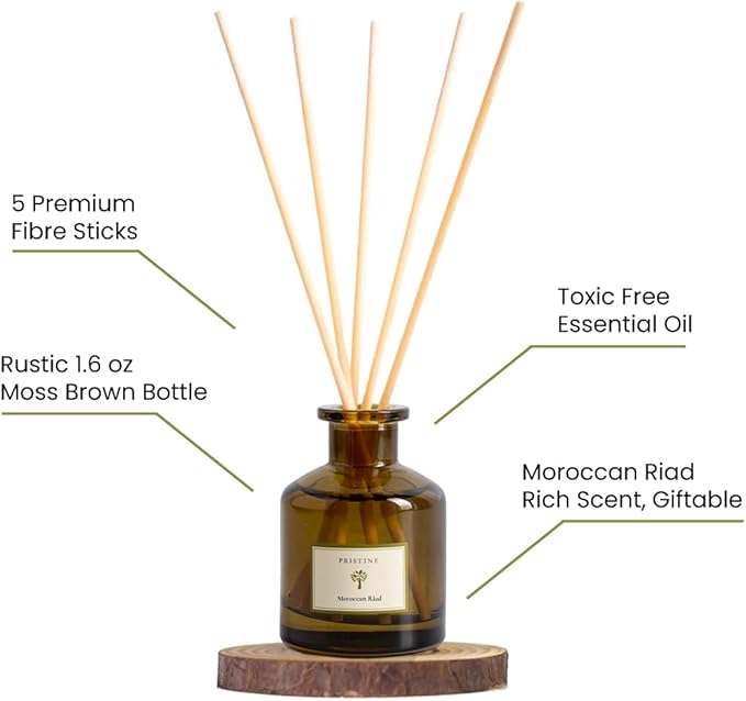 PRISTINE Moroccan Riad/Inspired by Venetian Reed Diffuser for Home | Refreshing Blend of Bergamot, Orange, Earthy Oud Reed Diffuser Set, Oil & Reed Diffuser Sticks | Home & Office Decor