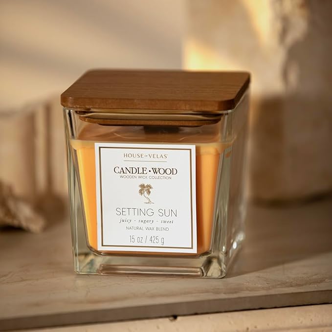 Candle Wood Collection, 15 oz, 1 Wooden Wick, Setting Sun, Square Glass Jar Candle