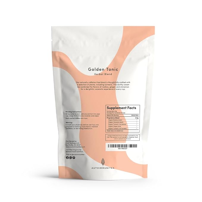 Organic Turmeric Ginger Tea - AIP diet, Whole 30, Paleo friendly, Golden Tonic Herbal Blend - Ayurvedic rooibos herbs, 100% Organic Gluten-Free