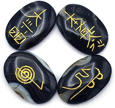 Amazing Gemstone Sulemani Agate Crystal Reiki Stones with Engraved Symbols for Usui Reiki Healing, Set of 4 Pcs (Indian Handmade Reiki Gift Set)