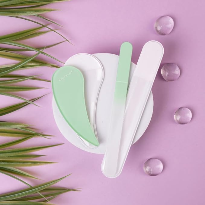 Bona Fide Beauty Curved Glass Nail Files for Natural Nails - 2Pc Czech Glass Nail Tools (Jade Color), Crystal File Set