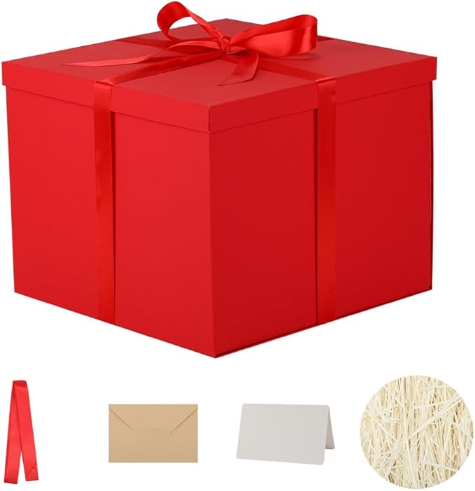 Gift Box with Lid 7x7x7 Inches, Red Gift Boxes for presents Packaging for Birthdays, Valentine's Day, Christmas, Anniversaries (Include Shredded Paper Fill, Envelope Card Ribbon)
